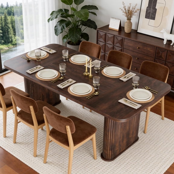 Rectangular Dining Table for 6-8 People, 62 Inch Modern Kitchen Table with Slatted Pedestal Base & Large Tabletop, Wooden Dinner Room Table for Family Dining Living Room, Dark Walnut