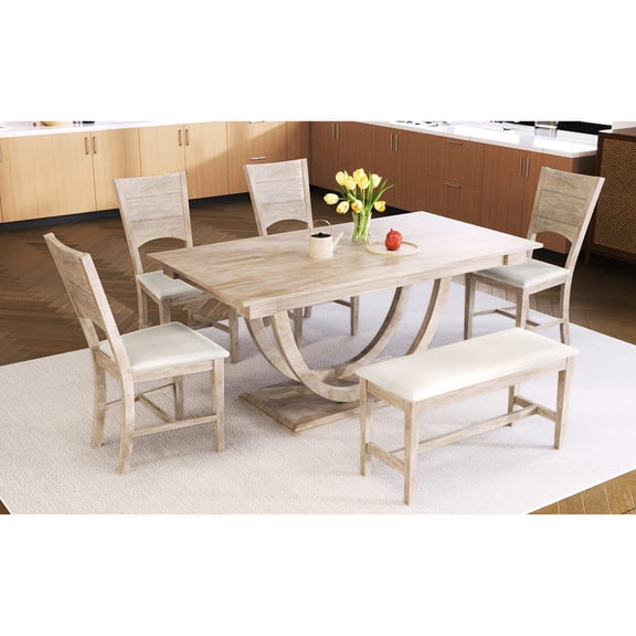 Rectangular Dining Table Set with Bench | Ideal for Family Dinners | Half Round Legs & Sturdy Base | Supports 250 lbs per Piece