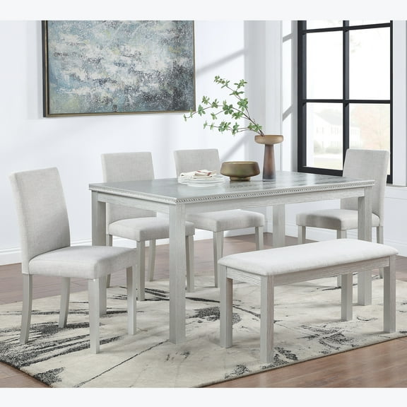 Rectangular Dining Table With 6 Seating, Silver Grey, Solid Wood And , Elegant Bench Chairs Grey Chairs, Quality Craftsmanship