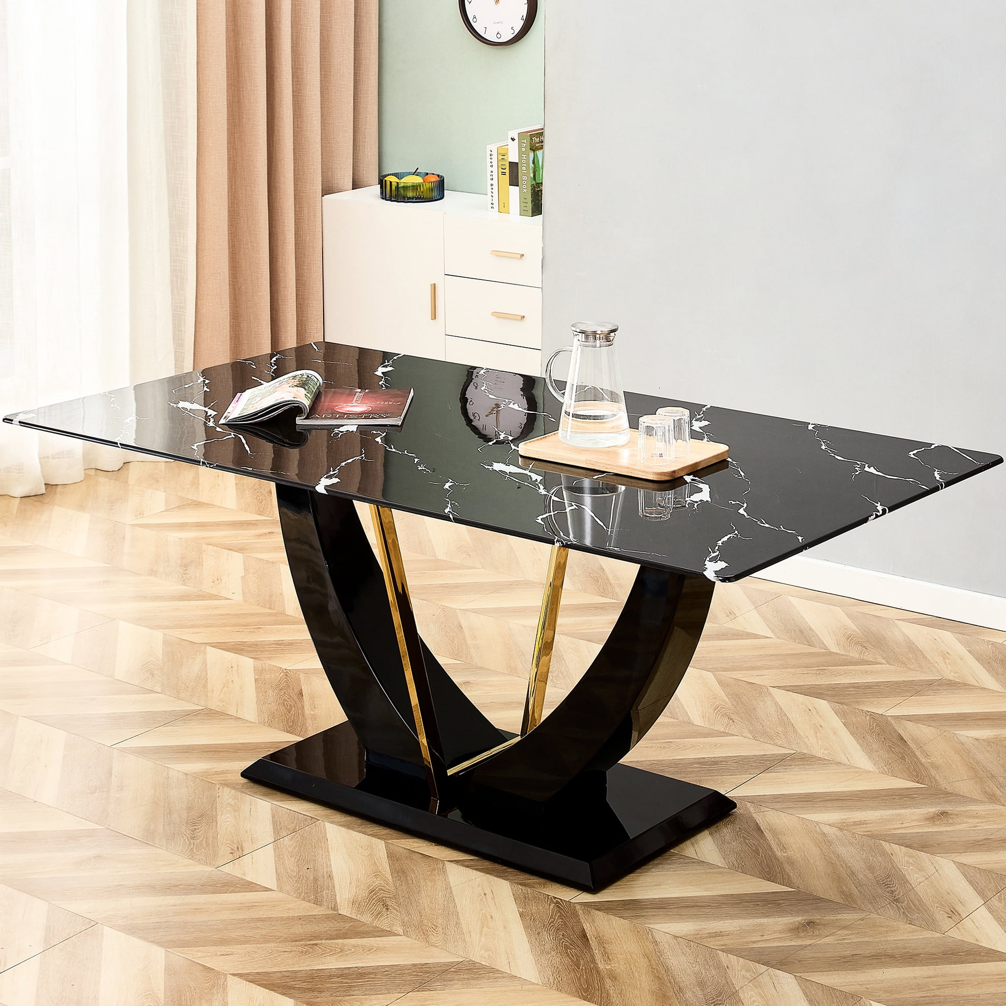 Rectangular Dining Table With Black Marble Craft Glass, And Stylish - F ...