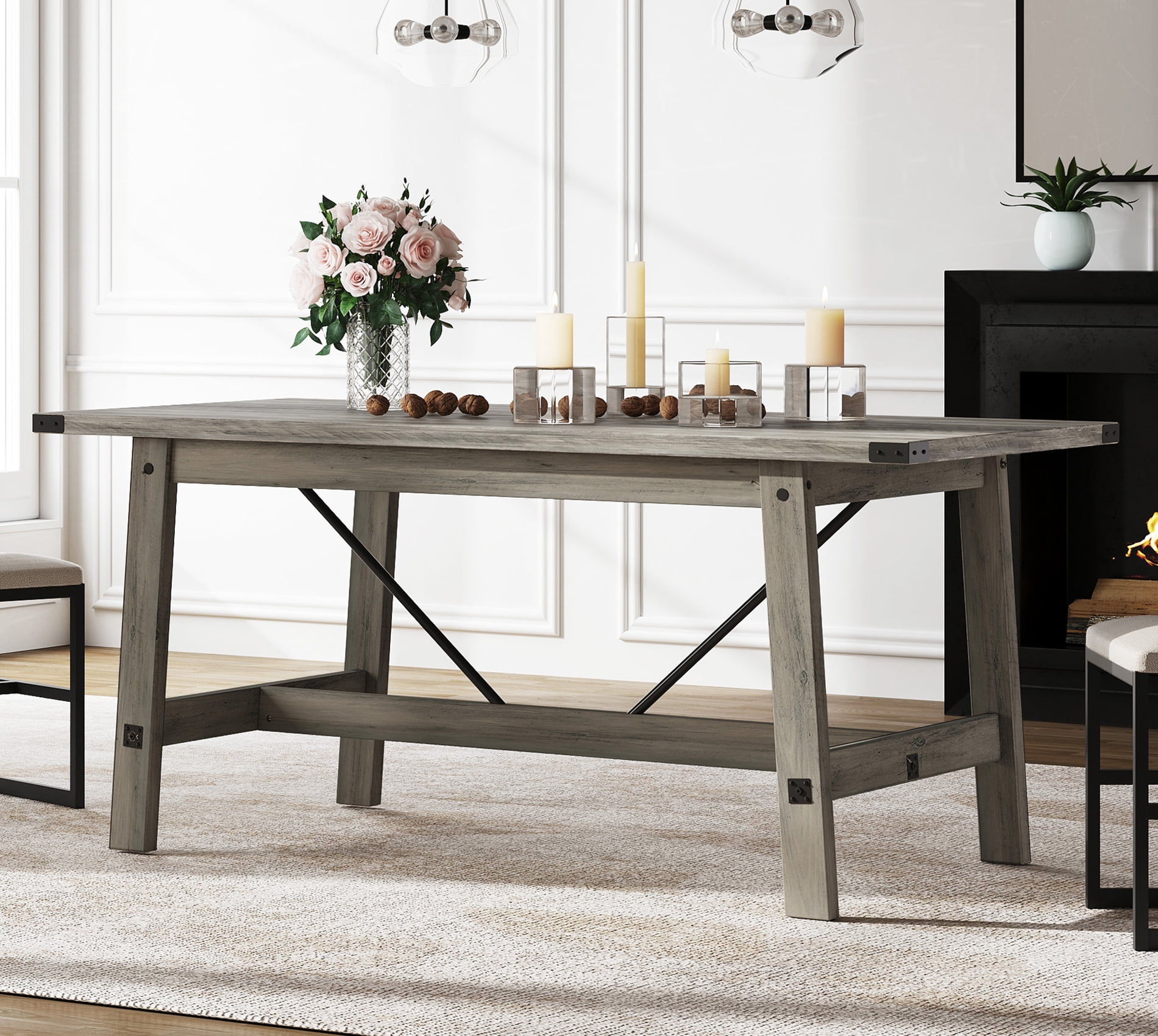 Rectangular Dining Table for 4-6 Person, Modern Farmhouse 68 inch Long Wood Kitchen Table, Large Rustic Dinner Table