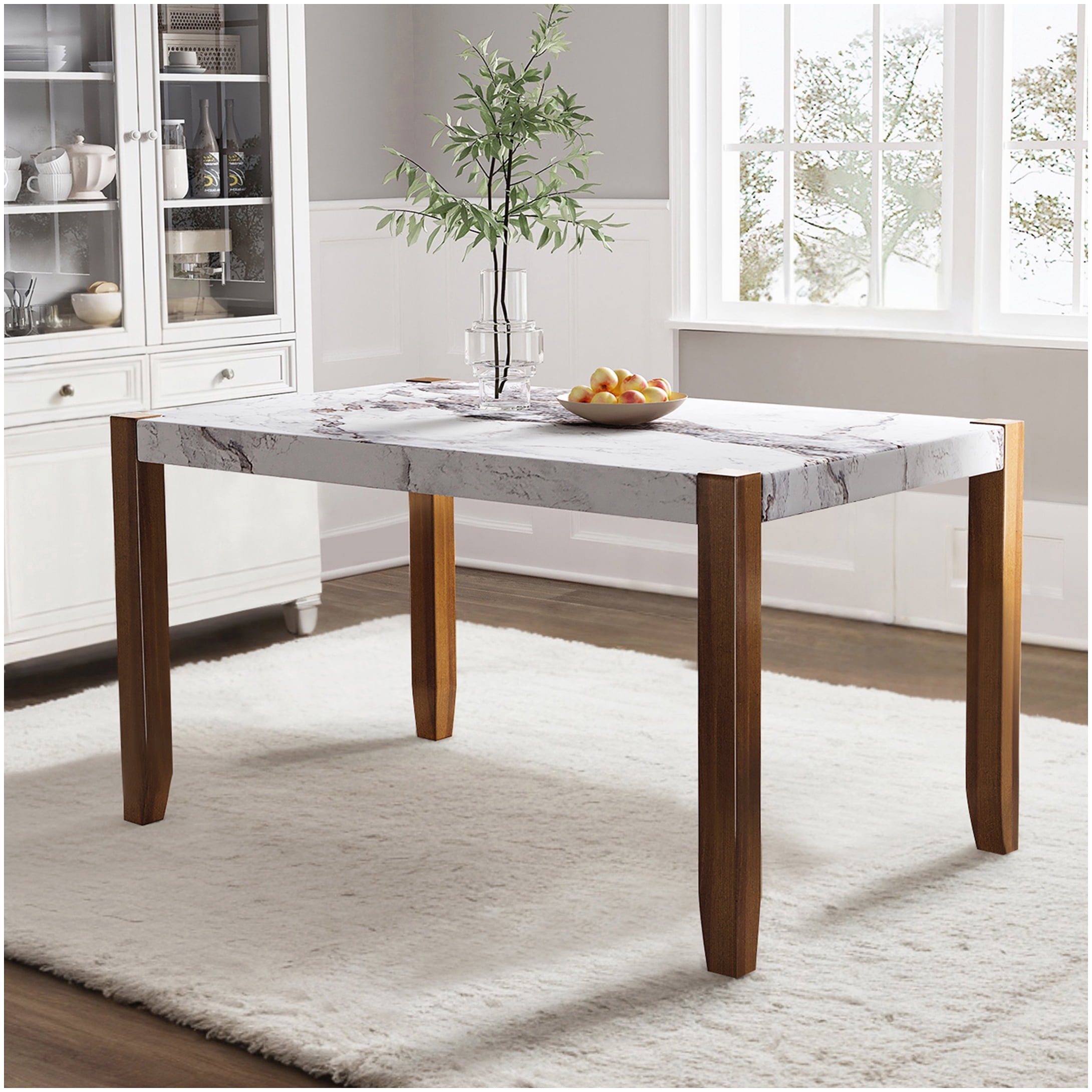 Rectangular Dining Table for Small Space, White Modern Faux Marble Top ...