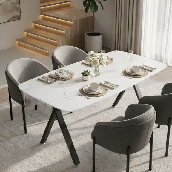 Rectangular Dining Table with Marble-Patterned Tempered Glass & Black Metal Legs,Black