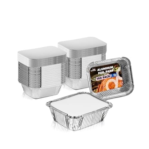 Rectangular Disposable Aluminum Foil Pan Take Out Food Containers with Flat Board Lids, Steam Table Baking Pans, 32 oz, 2.25 lb, Quart [100 Pack]