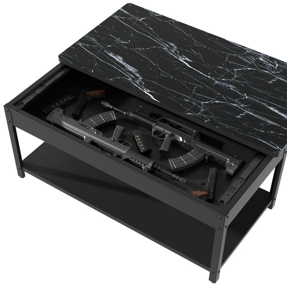 Rectangular Double-layer Coffee Table with a Fingerprint Lock and an Alarm System, Hidden Storage Compartment Table Made of Cold-rolled Steel, Suitable for Apartments & Residences (Black)