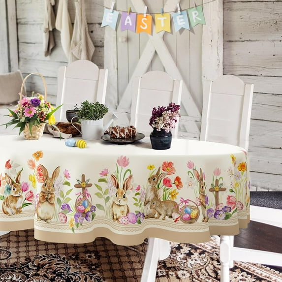 Rectangular Easter Tablecloth 60x120Inch, Spring Floral and Bunny Easter Egg Watercolor Tablecloth, Waterproof Wrinkle Resistant Tablecloth, Holiday Kitchen Dining Spring Easter Decor