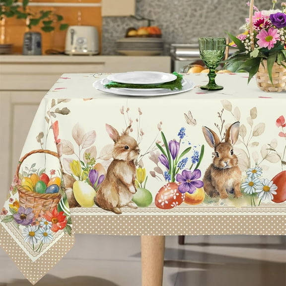 Rectangular Easter Tablecloth 60x120Inch, Spring Floral and Bunny Easter Egg Watercolor Tablecloth, Waterproof Wrinkle Resistant Tablecloth, Holiday Kitchen Dining Spring Easter Decor