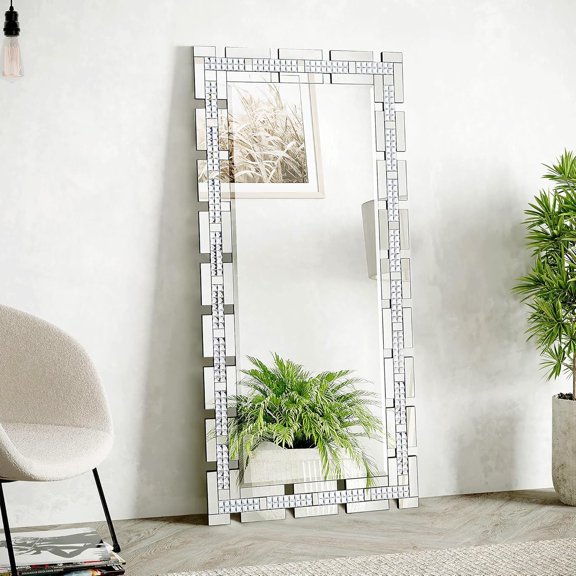 Rectangular Elegant Living Room Mirror with Crystal, Glass Frame, Beveled Edge, 30" x 59" Full Length Crystal Decorative Mirror for Bedroom, Dining Room, Hallway, Unique Modern Design