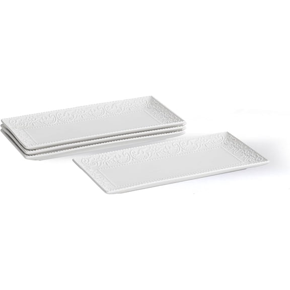 Rectangular Embossed Serving Platter Set, 12 Inch Large Serving Plates, Stackable Serving Tray for Wedding, Ceramic White Serving Platters for Entertaining, Dishwasher & Oven Safe (4PCS)