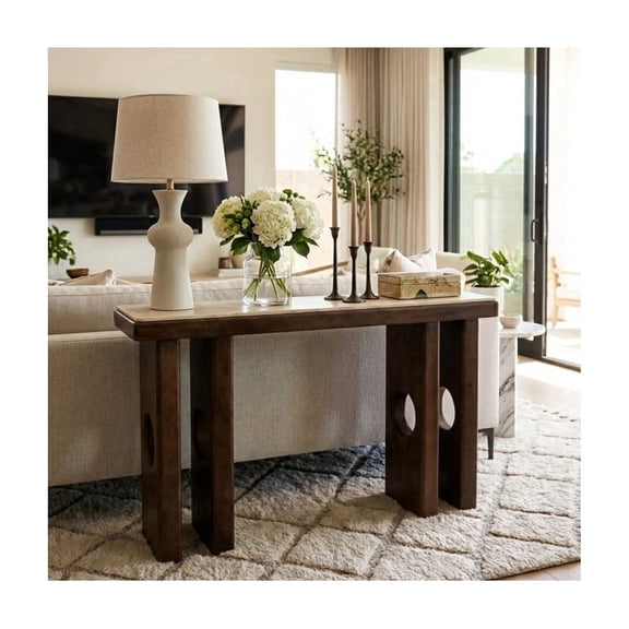 Rectangular Entryway Furniture Console Table for LIving Rooom Accent - Solid Mango Wood and Stone Top Piece for Hallway Use - Narrow Side Table with Sofa Styling for Small Spaces - 31", Tan & Brown