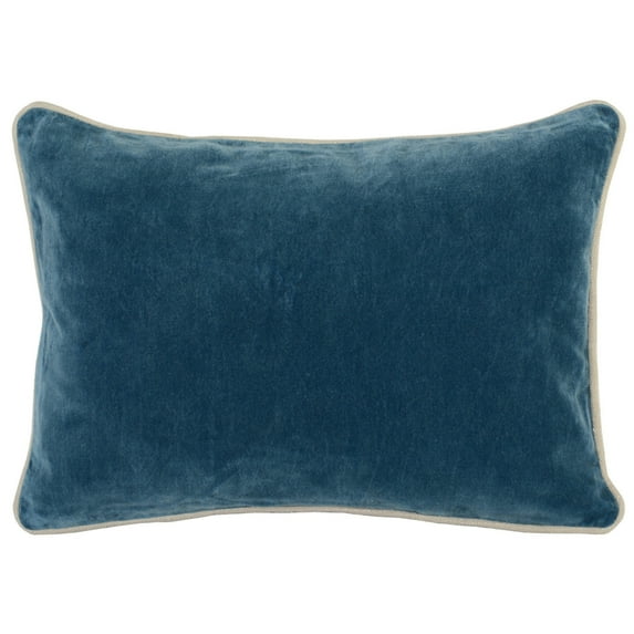 Rectangular Fabric Throw Pillow with Solid Color and Piped Edges, Blue- Saltoro Sherpi