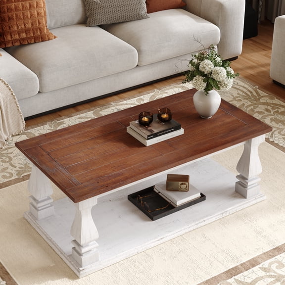 Rectangular Farmhouse Coffee Table, Solid Wood Plank Tabletop with Distressed Finish, Rustic Two-Tone Coffee Table with Thick Turned Legs & Storage Shelf for Living Room, Walnut Brown & Washed White