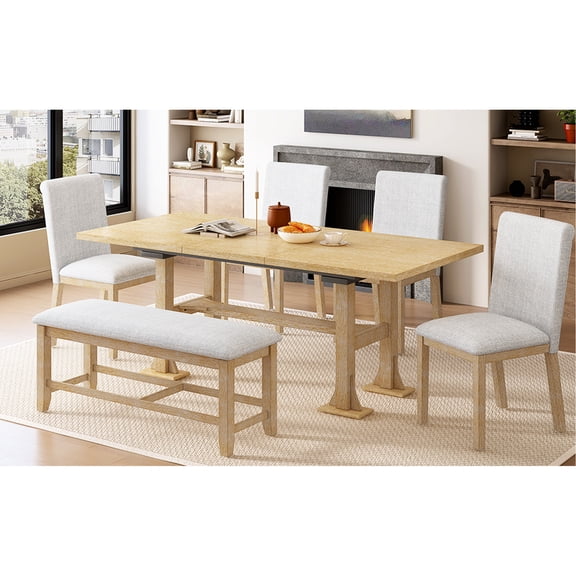 Rectangular Farmhouse Dining Set | Table Extends with Removable Leaf | Trestle Base Adds Style & Stability | Upholstered Chairs for Support