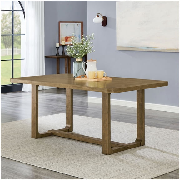 Rectangular Farmhouse Dining Table for 6, Sled Base Design in Brown Oak Finish, Sturdy MDF Top and Rubberwood Frame