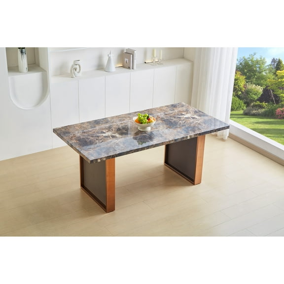 Rectangular 70.8"l X 35.4"w 29.8"h Faux Marble Dining Table, Modern Luxury With Stainless Steel Legs And Rocky Stone Effect Top, Seating For 6-8, Easy Assembly, Brown Grey Table 6 Or 8,