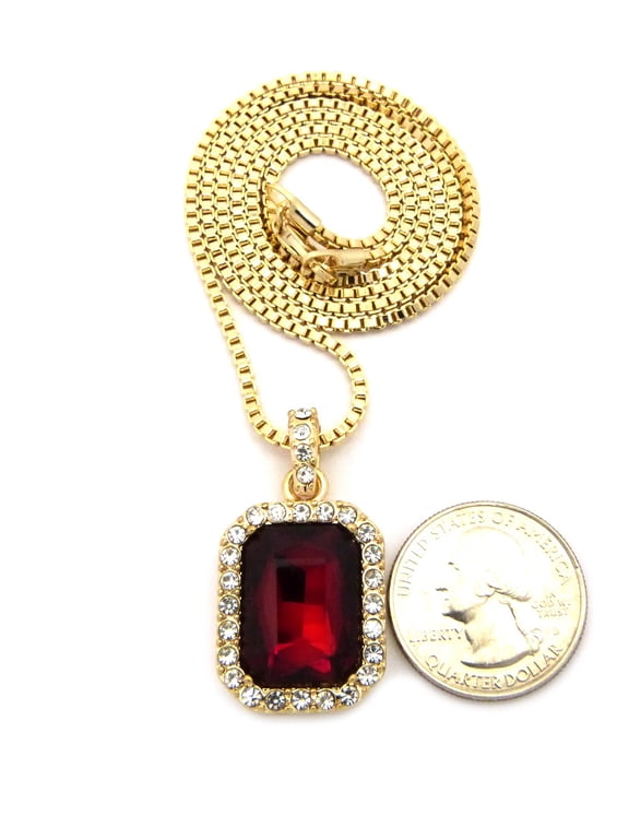 Rectangular Faux Ruby Stone Pendant w/ 2mm 24" Box Chain Necklace in Gold-Tone