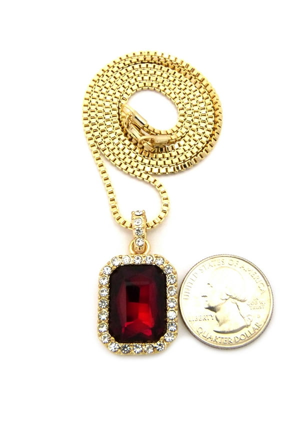 Rectangular Faux Ruby Stone Pendant w/ 2mm 24" Box Chain Necklace in Gold-Tone