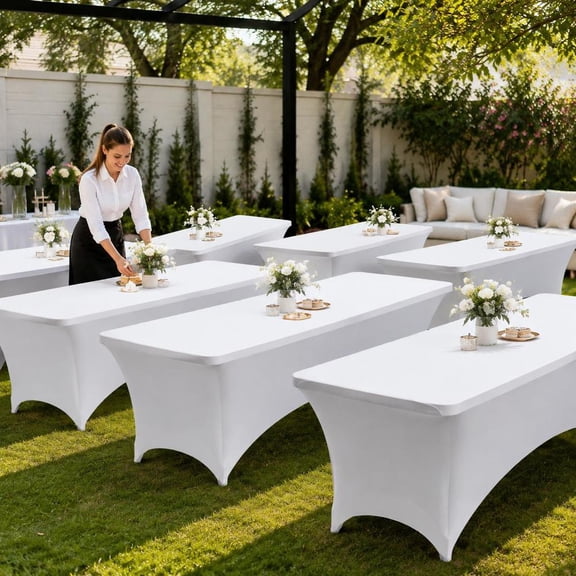 Rectangular Fitted Tablecloth, 6 Pack 8Ft, Wrinkle Resistant Stretch Spandex, White, for Wedding Banquet Events