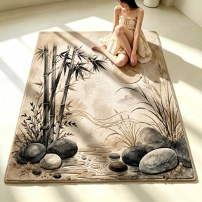 Rectangular Flannel Floor Mat, 40 x 50 cm Japanese-Inspired Bamboo and Moon Landscape Rug, Neutral Indoor Carpet for Bedroom, Entryway, Study and Christmas Eve Decor