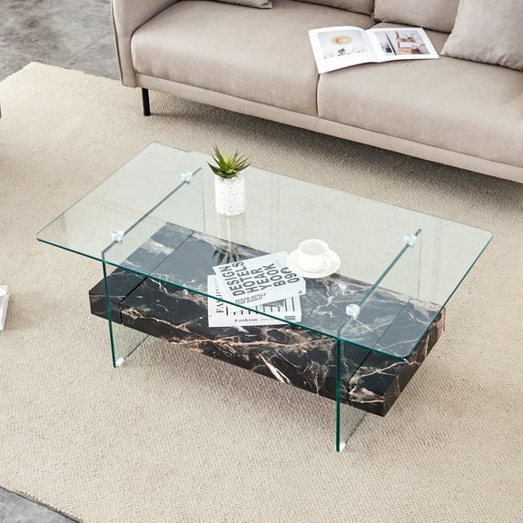 Rectangular Floating Double-Layer Coffee Table - Black/Glass Legs - Two-Tier Design - Modern Home Style - Living Room Decor