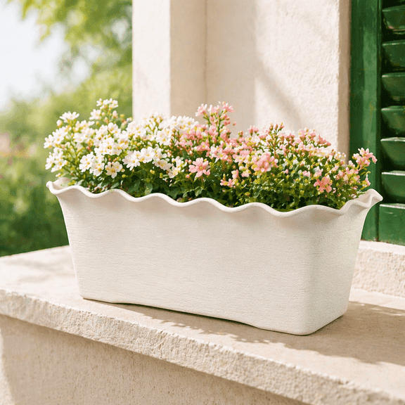 Rectangular Flower Pot with Wavy Ruffled Edge, Durable Plastic Window Planter Box for Indoor & Outdoor Use, Window Sill, Balcony & Garden