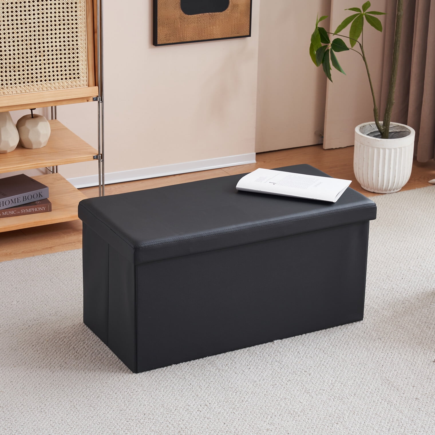 Rectangular Foldable Footstool, Glossy PVC Ottoman with Hidden Storage, Shoe Bench for Living