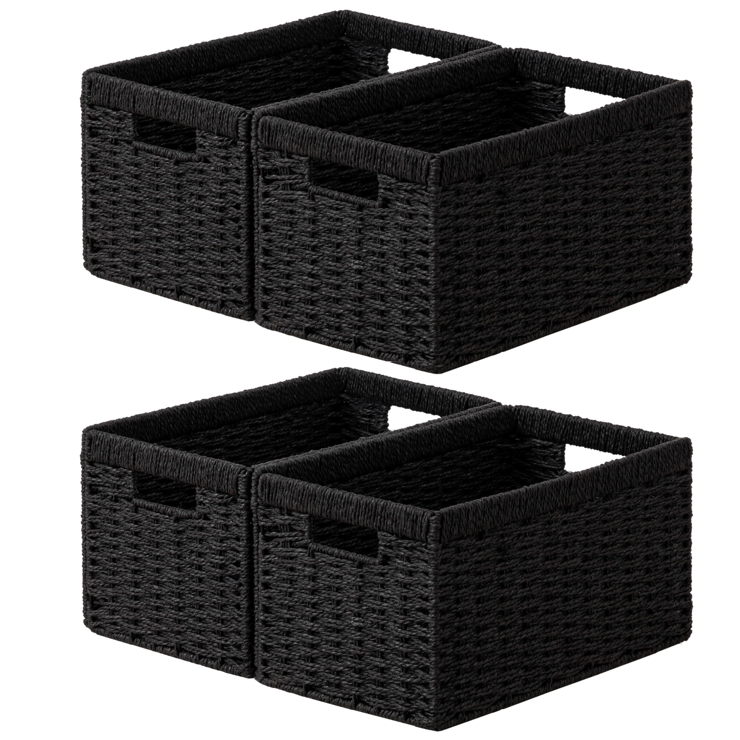 Rectangular Foldable Hand-Woven Storage Baskets Black 4 Pack 13.4l X 8.3w X 7.1h Inch For Pantry Shelves Organization