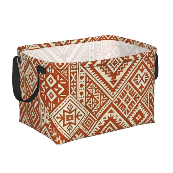 Rectangular Foldable Storage Basket with Boho Ethnic Patchwork Seamless Decor Print, Bin with Handles