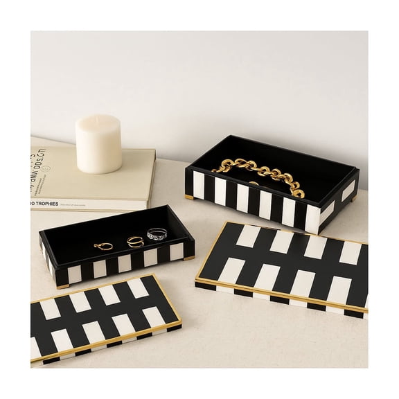 Rectangular Footed Decorative Box for Home Decor - Modern Resin and Wood Boxes with Lids For Jewelry and Home Organizer - Keepsake Storage Organizer for Living Room - Set of 2, 4", 3", Black & White
