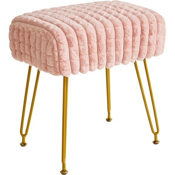 Rectangular Footrest Stool Ottoman, Makeup Vanity Stool Side Table, Velvet Dressing Table Seat, Footstool Chair, Golden Steel Legs, for Makeup Room, Bedroom, Square Grid Pattern, Pink