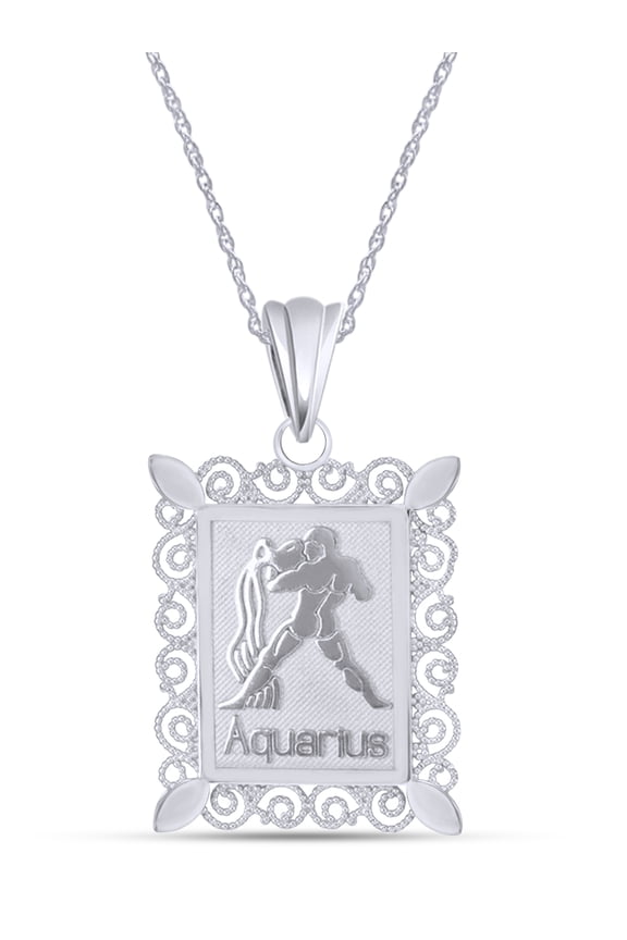 Rectangular Frame Aquarius Zodiac Sign Filigree Pendant Necklace In 14k White Gold Over 925 Sterling Silver