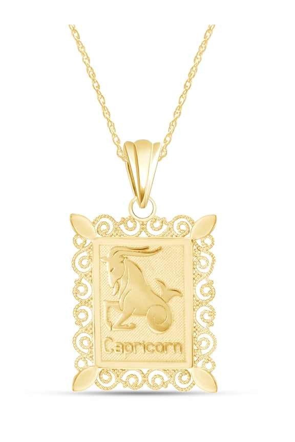 Rectangular Frame Capricorn Zodiac Sign Filigree Pendant Necklace In 14k Yellow Gold Over 925 Sterling Silver