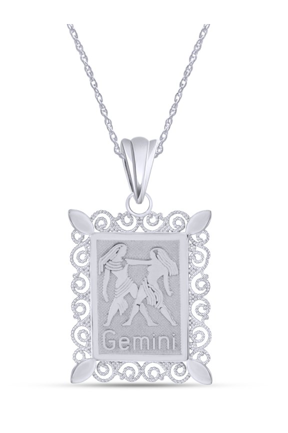 Rectangular Frame Gemini Zodiac Sign Filigree Pendant Necklace In 14k White Gold Over 925 Sterling Silver