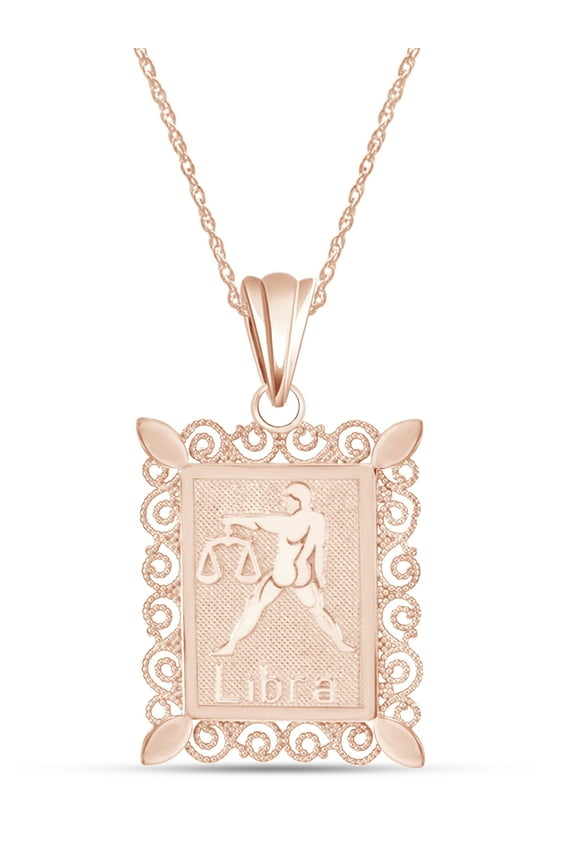 Rectangular Frame Libra Zodiac Sign Filigree Pendant Necklace In 14k Rose Gold Over 925 Sterling Silver