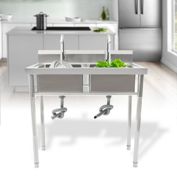 Rectangular Free Standing Two Bowl Sink, Commercial Restaurant Kitchen Sink Set with Faucet&Drainboard, Utility Washing Hand Basin with Workbench&Storage Shelves for Indoor Outdoor (2 Bowls)