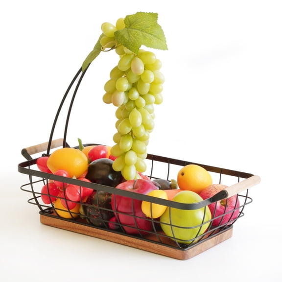 Rectangular Fruit Basket with Banana Hanger,Metal Wire Fruits Bowl with Wooden Base,Kitchen Table Organizer,Black Fruit Bowl for Kitchen Counter,Vegetable Bowls for Fruits, Veggies, Snacks.