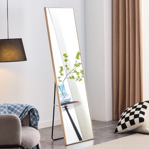 Rectangular Full Body Mirror with Bracket, Modern Hanging Makeup Wall Mirror, Dressing Mirror for Living Room Bedroom Bathroom Apartment, Makeup Room, Light Oak