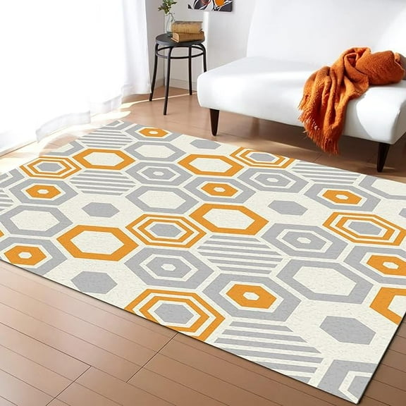 Rectangular Geometry Honeycomb Area Rug, Orange Grey Hexagon Geometry Home Decor Rug, Easy Clean Carpet With Anti-Slip Backing Durable For Bedroom Living Room Dining Room 3 x 4ft