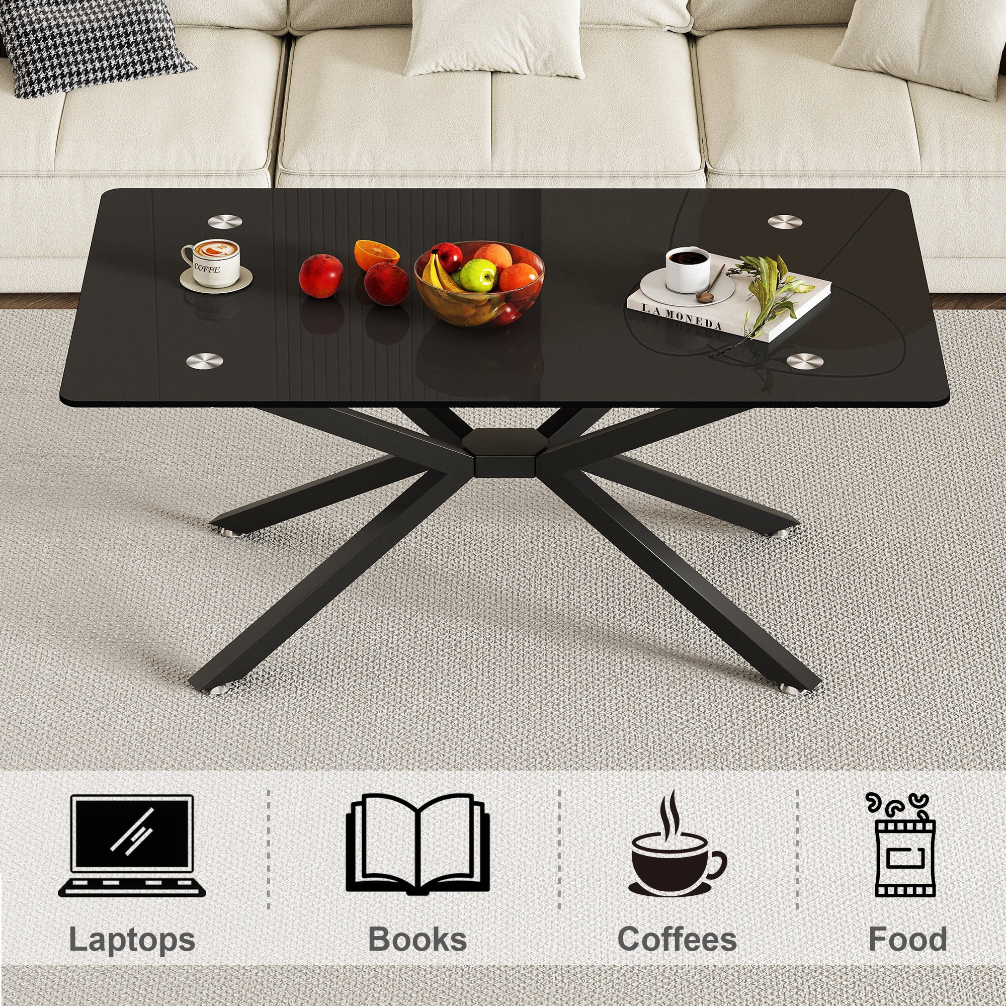 Rectangular Glass Coffee Table 39.37 Inch, Black Tempered Glass Top with Sturdy Metal Legs for Living Room Office Center Table, Modern Minimalist Design