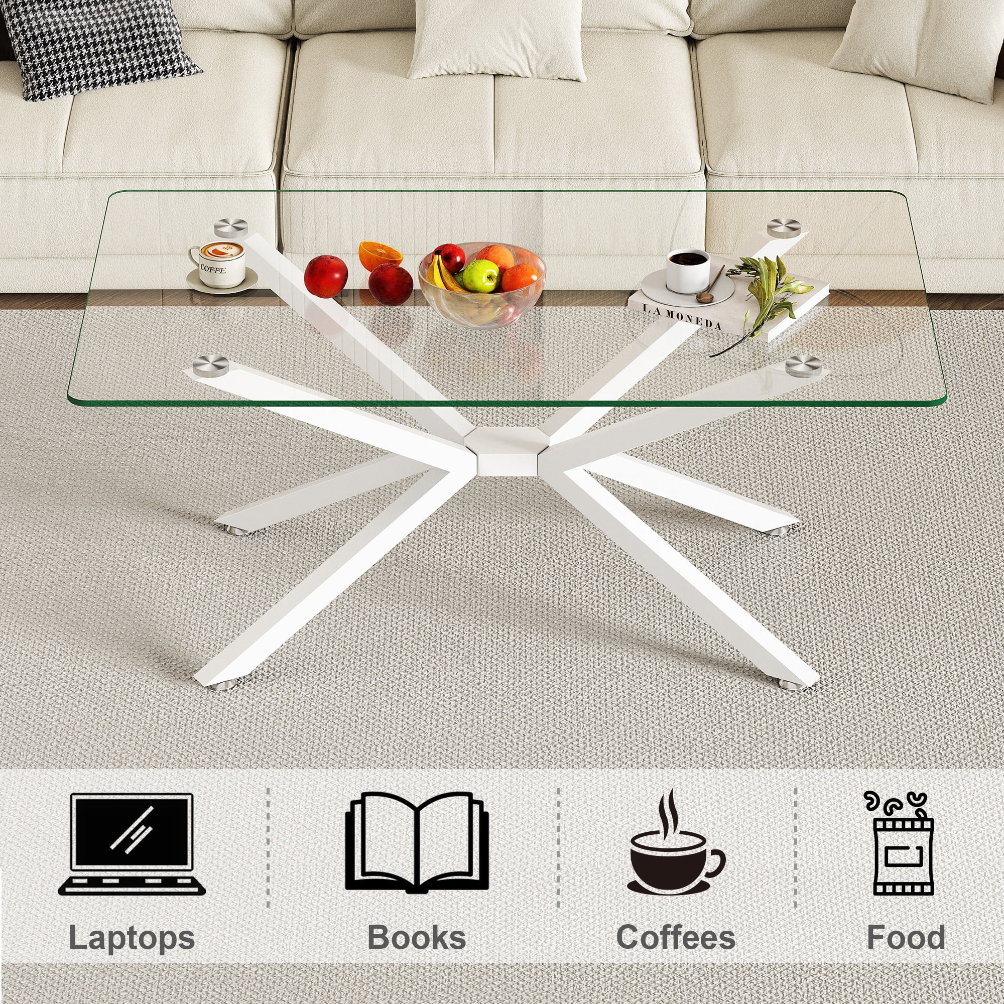 Rectangular Glass Coffee Table 39.37 Inch, Clear Tempered Glass Top with White Metal Legs for Living Room Office Center Table, Modern Minimalist Design