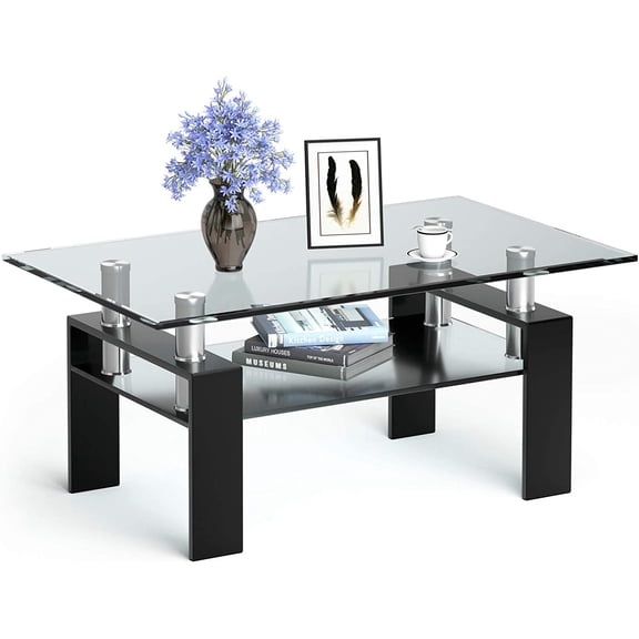 Rectangular Glass Coffee Table, Modern Side Coffee Table w/Lower Shelf, Tempered Glass Tabletop & Metal Legs, Suitable for Living Room Office (Black)