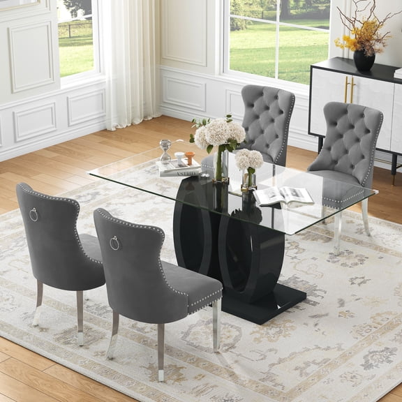 AF Design Rectangular Glass Dining Table Set of 5, Tempered Glass Table with Double O-Shape Base, 4 Velvet Chairs for Kitchen, Living Room