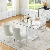 AF Design Glass Dining Table Set of 5, Tempered Glass Table with Double O-Shape Base, 4 Velvet Nailhead Chairs for Kitchen and Living Room