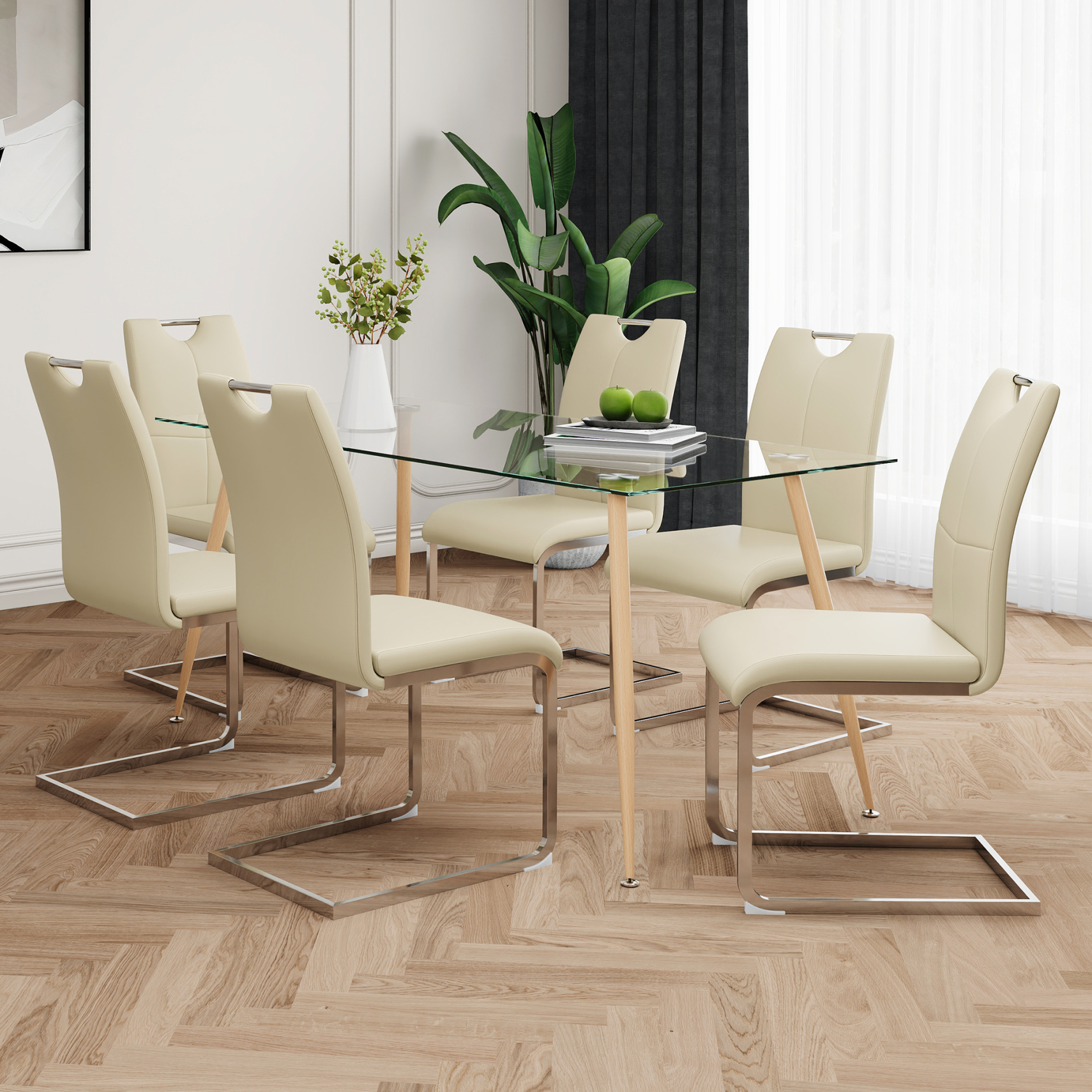 Rectangular Glass Dining Table Set for 6 with Wood Transfer Metal Table