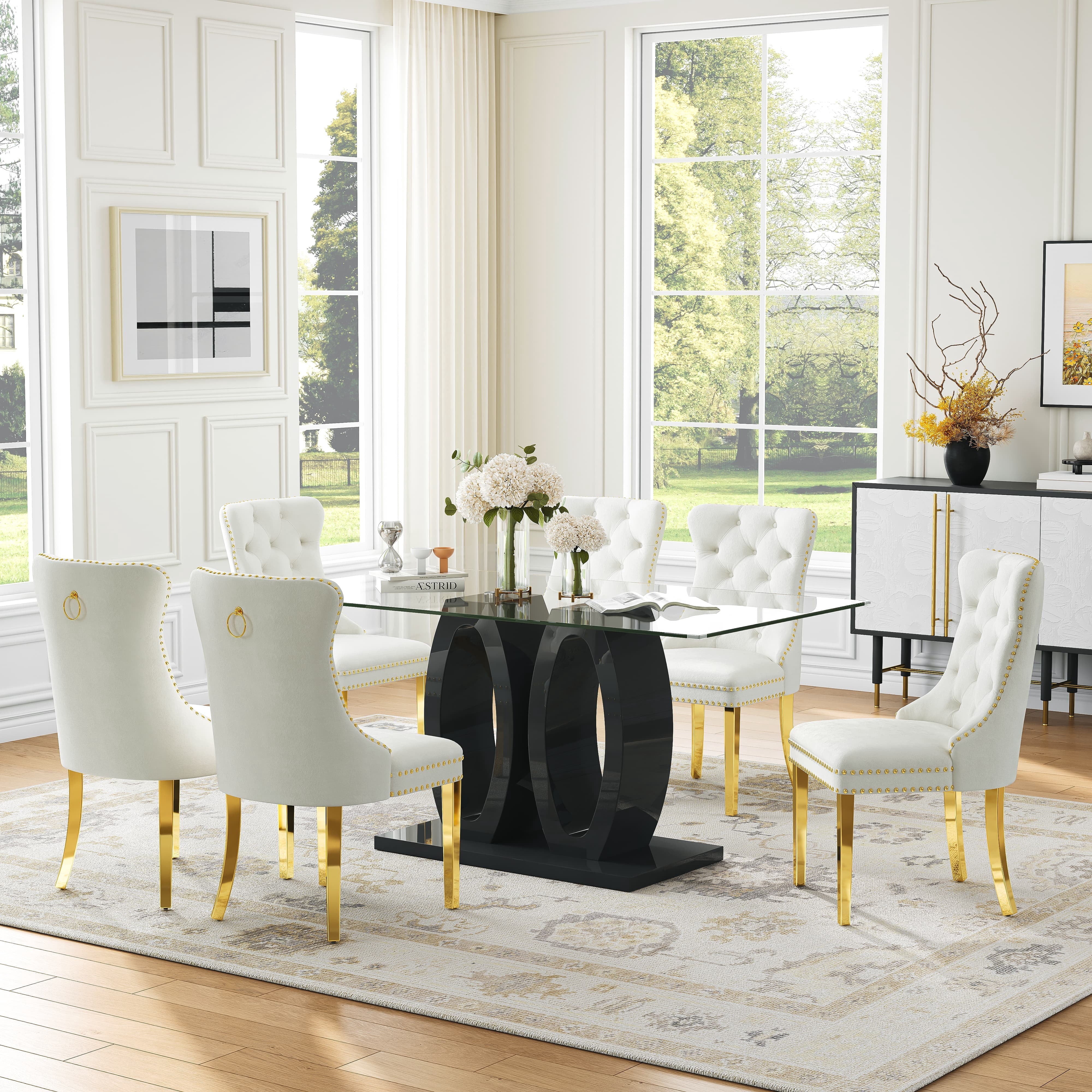 Rectangular Glass Dining Table Set of 7, Modern Clear Tempered Glass ...