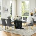 thumbnail image 1 of Rectangular Glass Dining Table Set of 7, Modern Clear Tempered Glass Table with Double O-Shape Base, 6 Velvet Stainless Steel Chairs with Nailhead Trim, for Kitchen, Conference Room, Living Room, 1 of 7