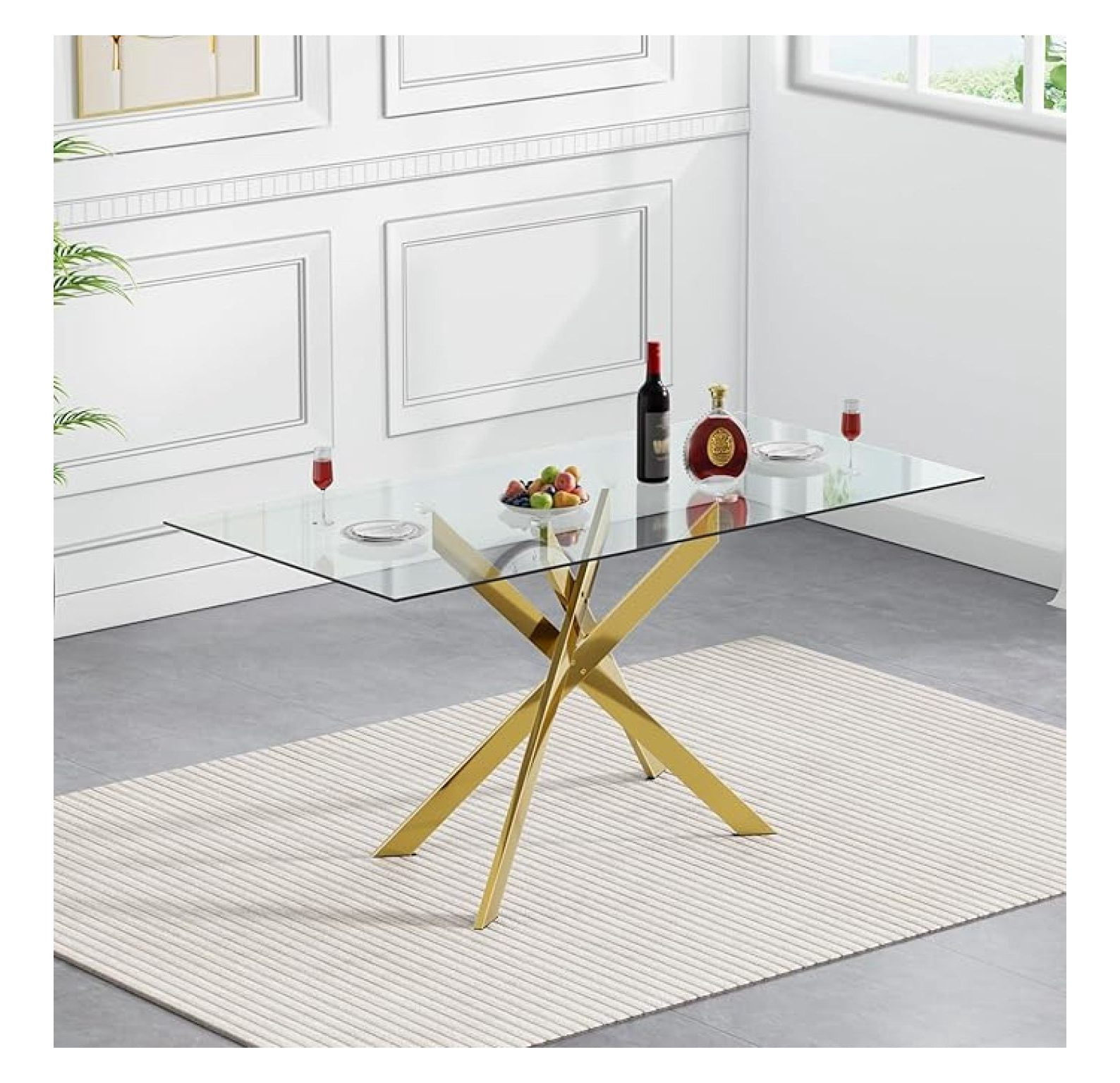 Rectangular Glass Dining Table, Tempered Glass and Metal Legs, Modern ...