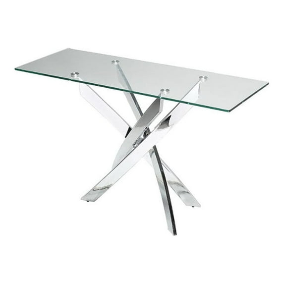 Rectangular Glass Top Console Table with Chromed Metal Base, Clear and Silver- Saltoro Sherpi