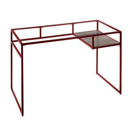 Rectangular Glass Top Desk with Open Compartment and Sled Base, Red - Saltoro Sherpi