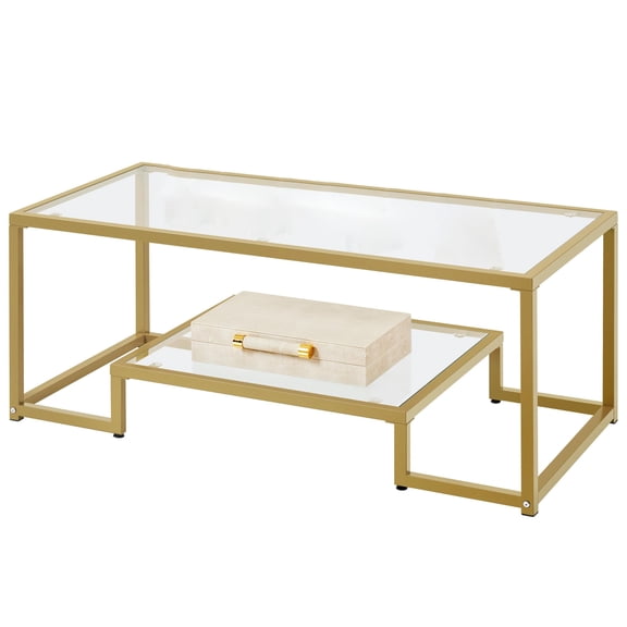 Rectangular Gold Coffee Table, 42 Inch Modern 2-Tier Glass Coffee Table for Living Room, Storage Center Tea Tables with Metal Frame, Entryway Sofa Side Table for Small Space Apartment Office, Gold